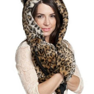 Warm Leopard Spirit Fur Hood with Ears, Scarf/Mitts.
